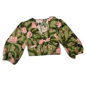 Agua Bendita x Target Peony Floral Wrap Top XS S Green Pink Puff Sleeve Crop